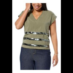 TWRHLL by Christie Brinkley Women's Short Slv Sequin Detail Top Olive - Regular